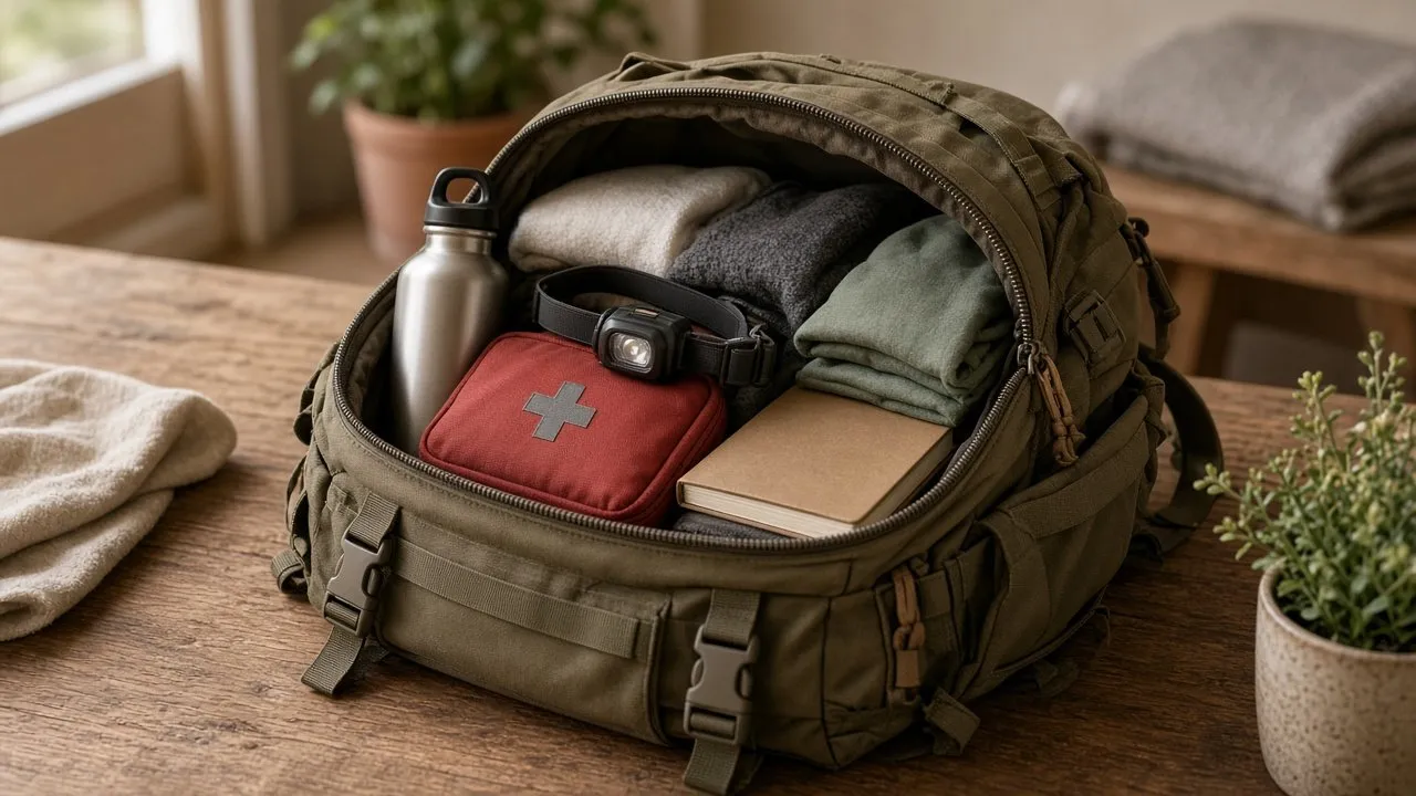 Sac à dos ouvert avec trousse de premiers secours, gourde, frontale et vêtements