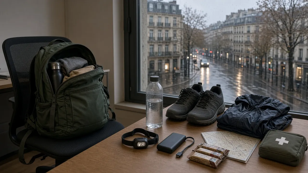 Sac à dos vert kaki posé sur une chaise de bureau, une bouteille isotherme et des vêtements dépassant de l'ouverture, devant un bureau en bois où sont alignés une bouteille d'eau, des chaussures de marche, une veste de pluie pliée, une lampe frontale, une batterie externe, des barres de céréales, une carte papier et une trousse de secours, avec par la fenêtre une avenue bordée d'immeubles sous la pluie au crépuscule